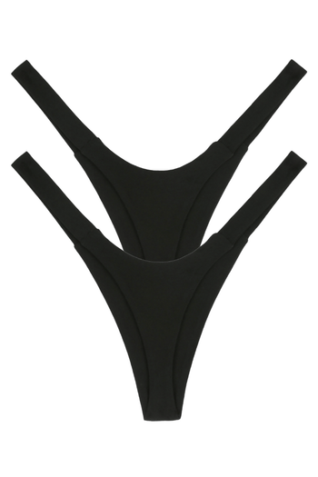 Two black seamless eco-friendly women’s thong underwear, multipack back view flat lay