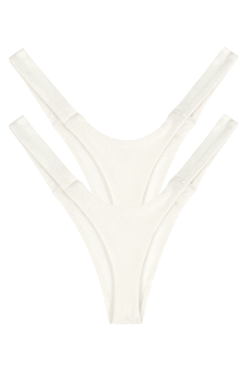 Two white seamless eco-friendly women’s thong panties, multipack back view flat lay