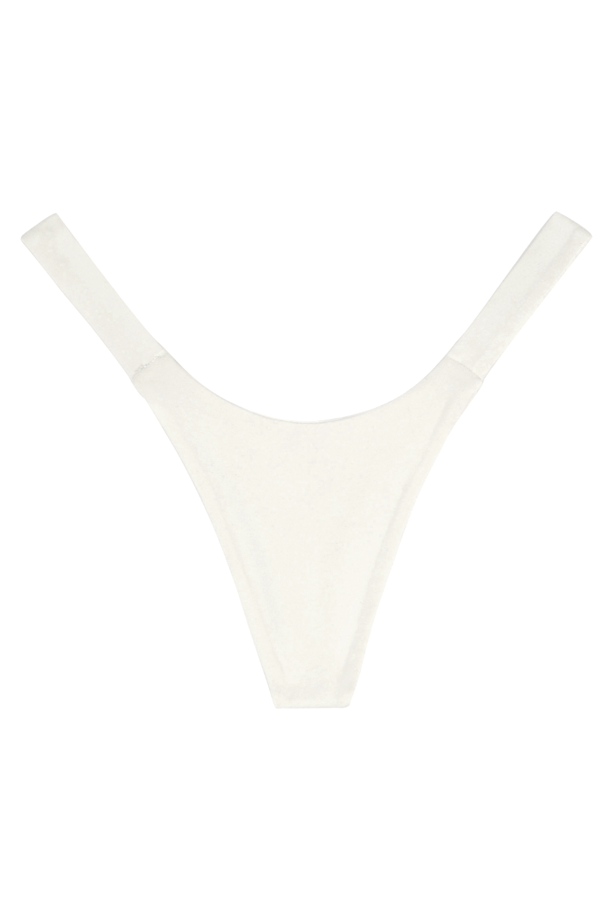 White seamless bamboo thong underwear for women, front view flat lay on white background