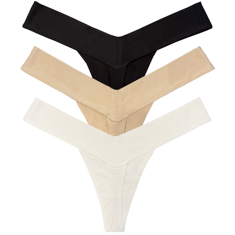 back flat lay Three pairs of thongs in black, beige, and white on a white background